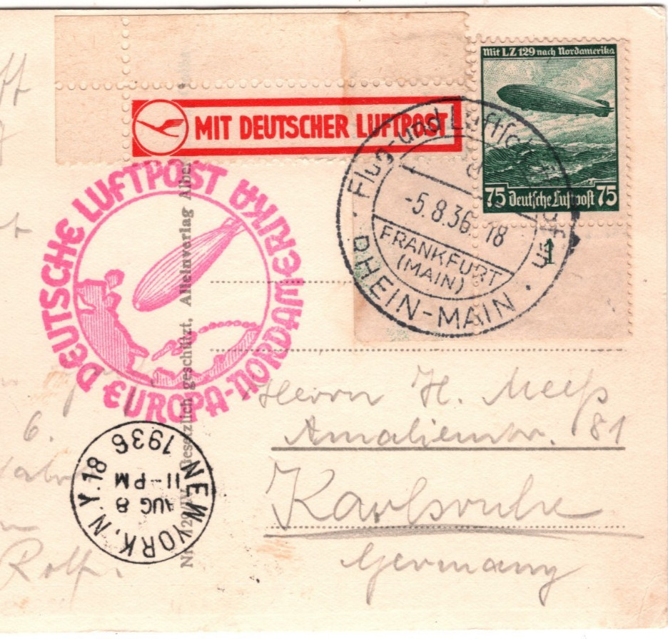 ZEPPELIN HINDENBURG Card 1936 Air Mail CORNER MARGINALS New York Karlsruhe KZ199