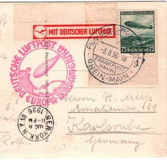 ZEPPELIN HINDENBURG Card 1936 Air Mail CORNER MARGINALS New York Karlsruhe KZ199