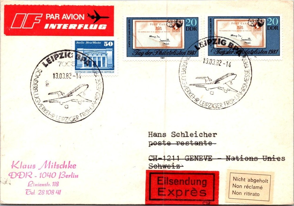Germany 1982 First Flight Airmail – Leipzig To Geneve – J37501