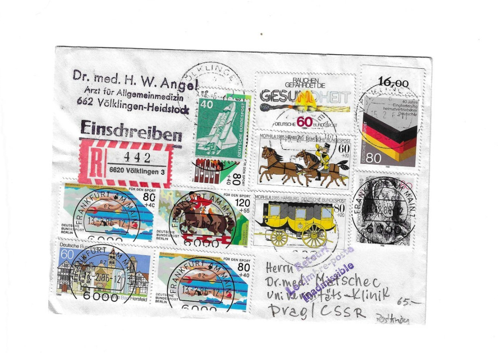 GERMANY 1986 Registered Cover sent from Volklingen to Prag CSSR & Returned