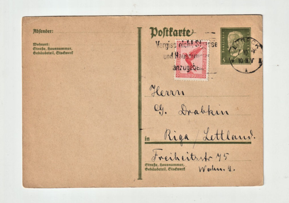 GERMANY 1920’s Uprated Stationary to Riga Latvia Hindemberg 5 pf – 10pf Airmail
