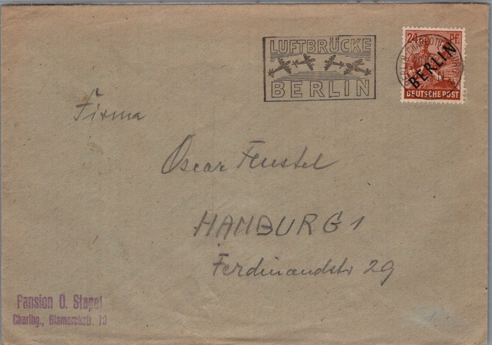GERMANY 1949 BERLIN POSTAL COVER OVERPRINT ADDR HAMBURG SPECIAL POSTMARK BERLIN