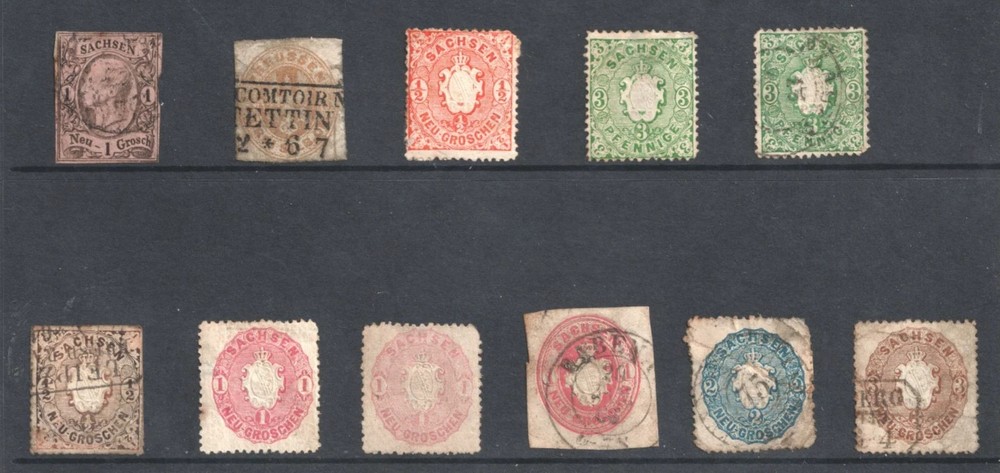 German States – Saxony – 11 x Stamps 1855 onwards – Mixed Condition