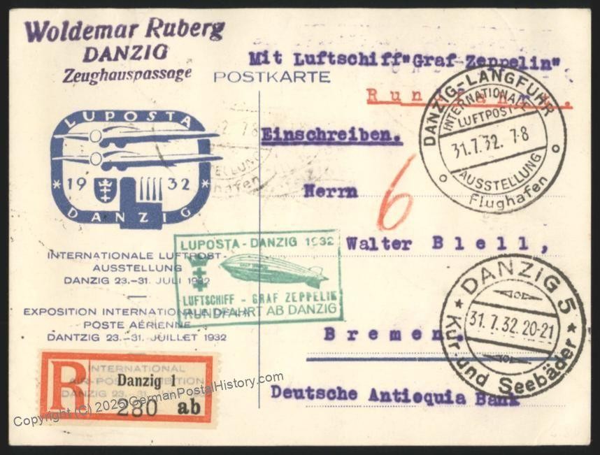 Danzig 1932 Poland Germany Graf Zeppelin LUPOSTA Registered Mi261 Cover S 113369