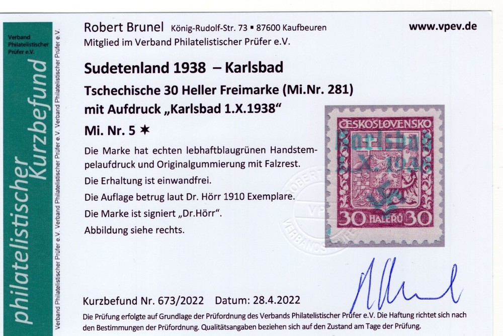 GERMANY OCCUPATION SUDETENLAND KARLSBAD MICHEL 5 BRUNEL CERT PERFECT MH