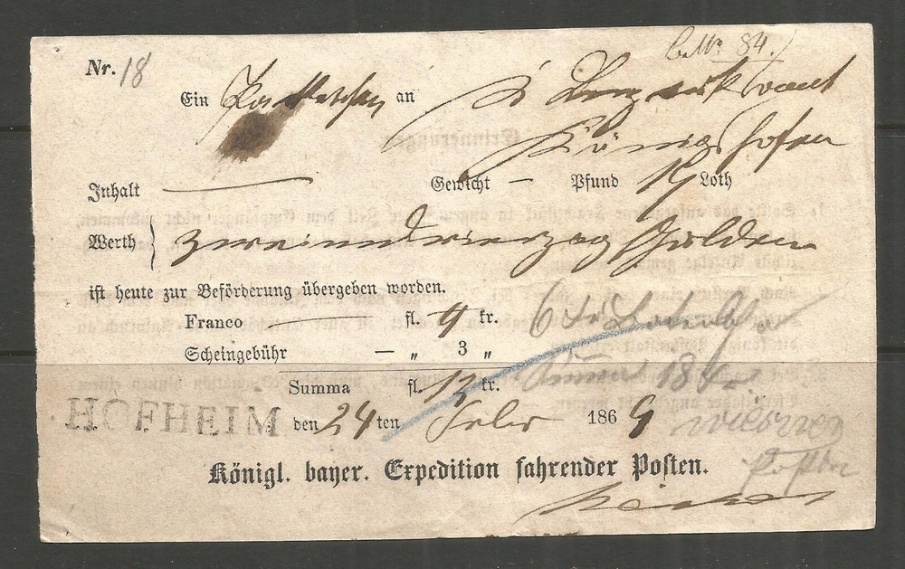 📯 OSBURGH – GERMANY / BAVARIA. 1869. HOFHEIM. EXPEDITION FAHRENDER POSTEN.