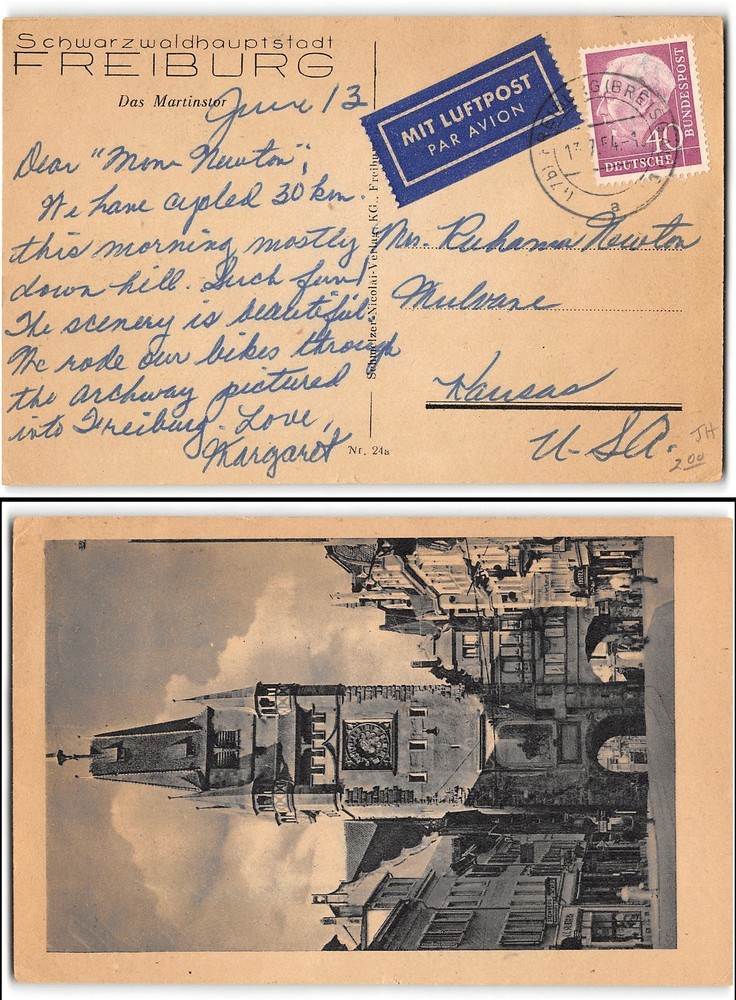 Freiburg to Mulvane KS, PPC, 1954