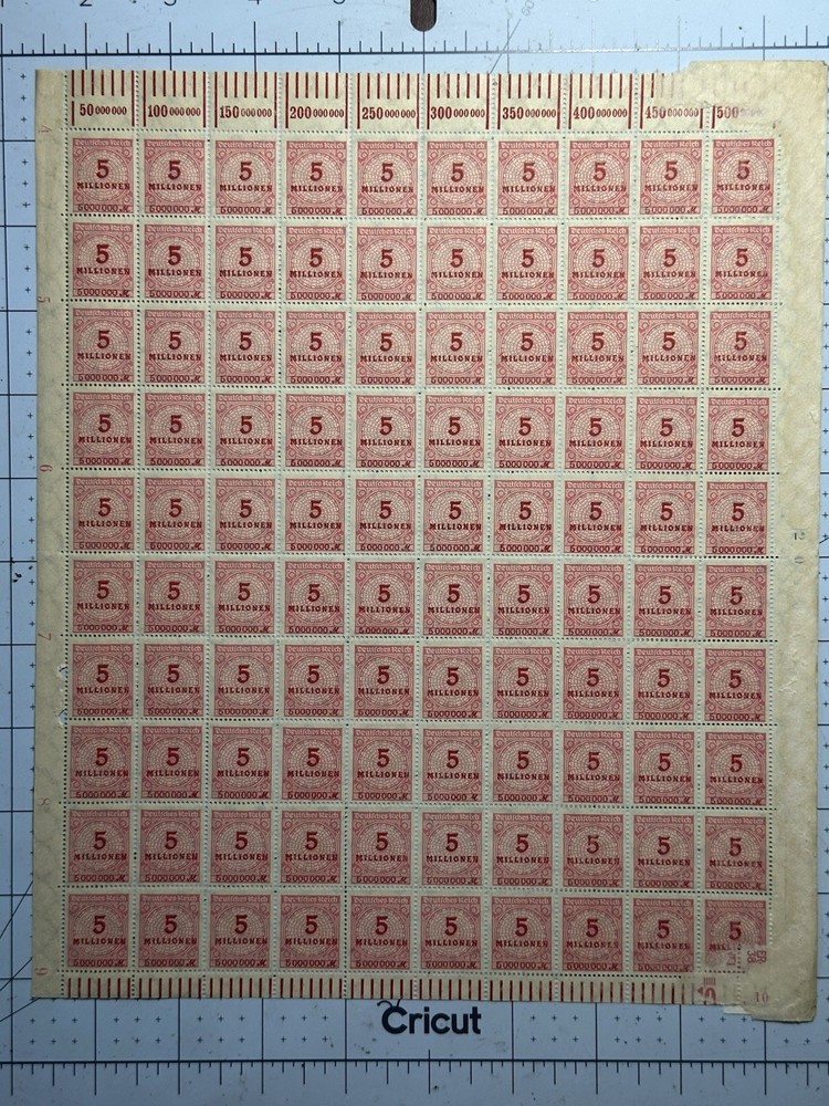 Germany 1923 SC 285 Sheet 5 Millionen Mark Hyperinflation MNH