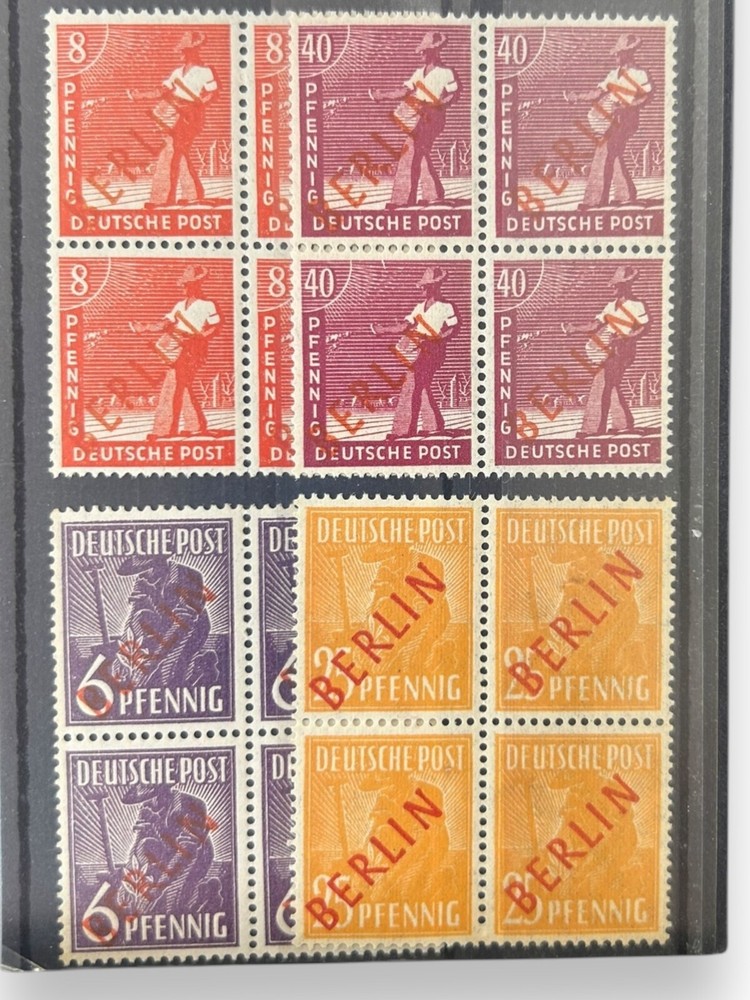 Berlin 1949 Blocks Set red over print Stamps Pfennig Perforate Mi 22 23 27 29