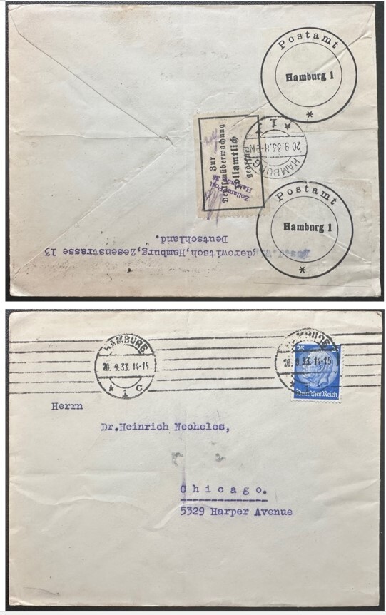 1933 Germany #395 on cover to US with official seals OS44.246(2),OSC6 *d2