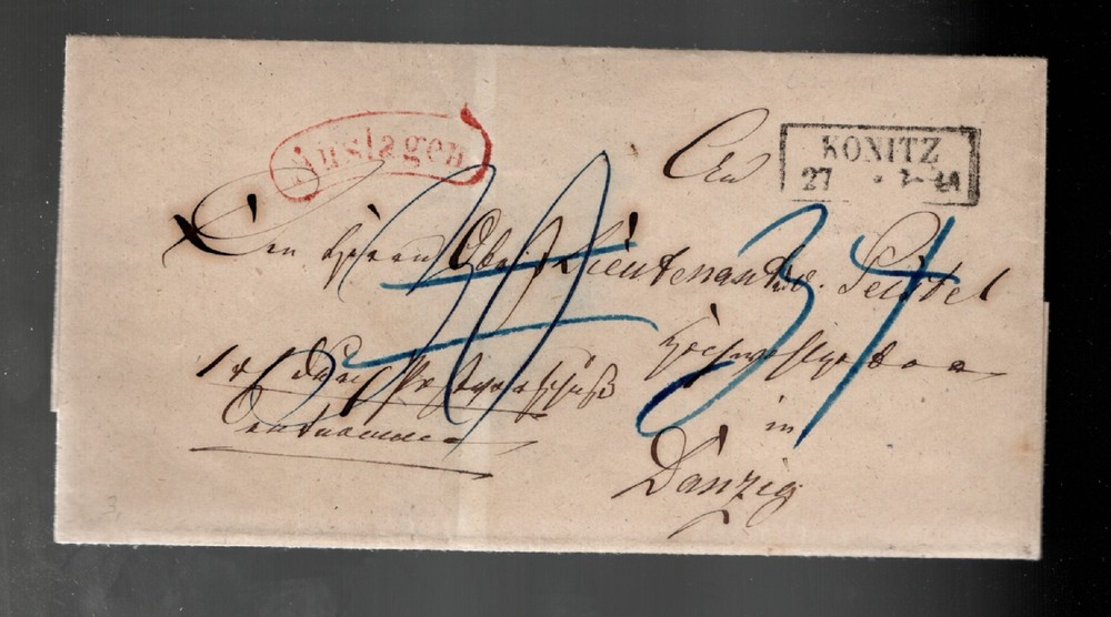 c.1850’s Germany Stampless Cover – KONITZ (modern-day Chojnice, Poland) – Danzig