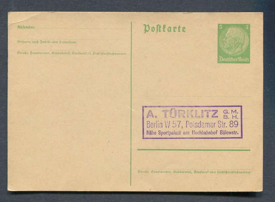 German Reich : 5 Pfennig Hindenburg stationary from 1933 – pre addressed – MNH