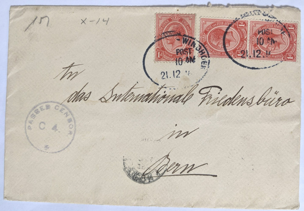 Windhoek, Br.-occupied DSWA–Inter. Peace Bureau, Bern, CH/2X CENS./3, 1d SA/’16