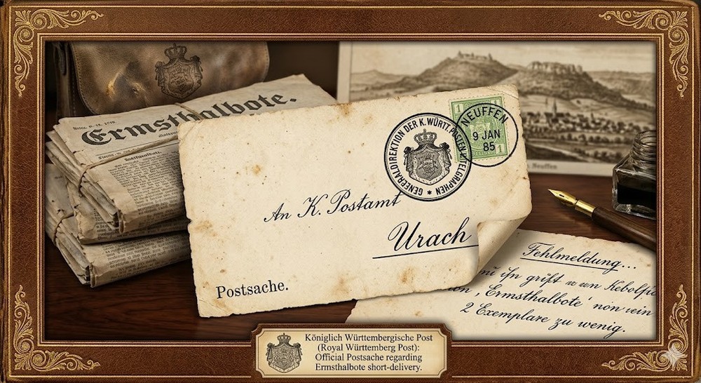1885 Württemberg Official Postcard Neuffen to Urach Newspaper Shortage Postsache