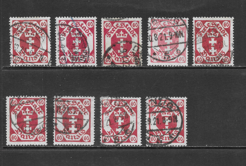 DANZIG SCOTT 71 USED x 6 – 1921 60pf CARMINE COAT OF ARMS