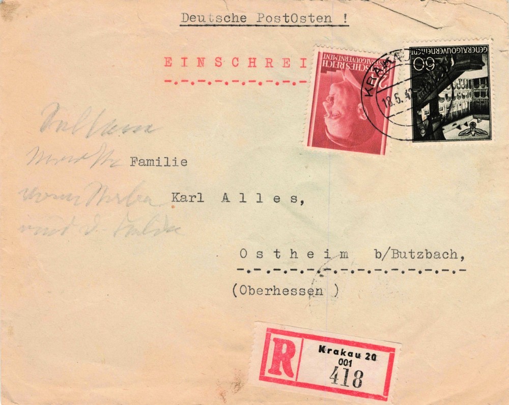 1942 WWII General Govt Krakau Registered Cover 33-Day Transit Delay Michel 78 86