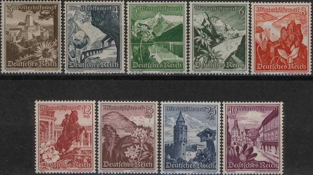 Stamp Germany Mi 675-83 Sc B123-31 1938 3rd Reich Austria Landscape Flower MNG