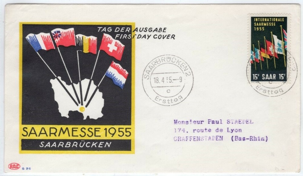 Saar Scott #255 VF FDC 1955 Fair at Saarbrücken Map and Flag Cachet