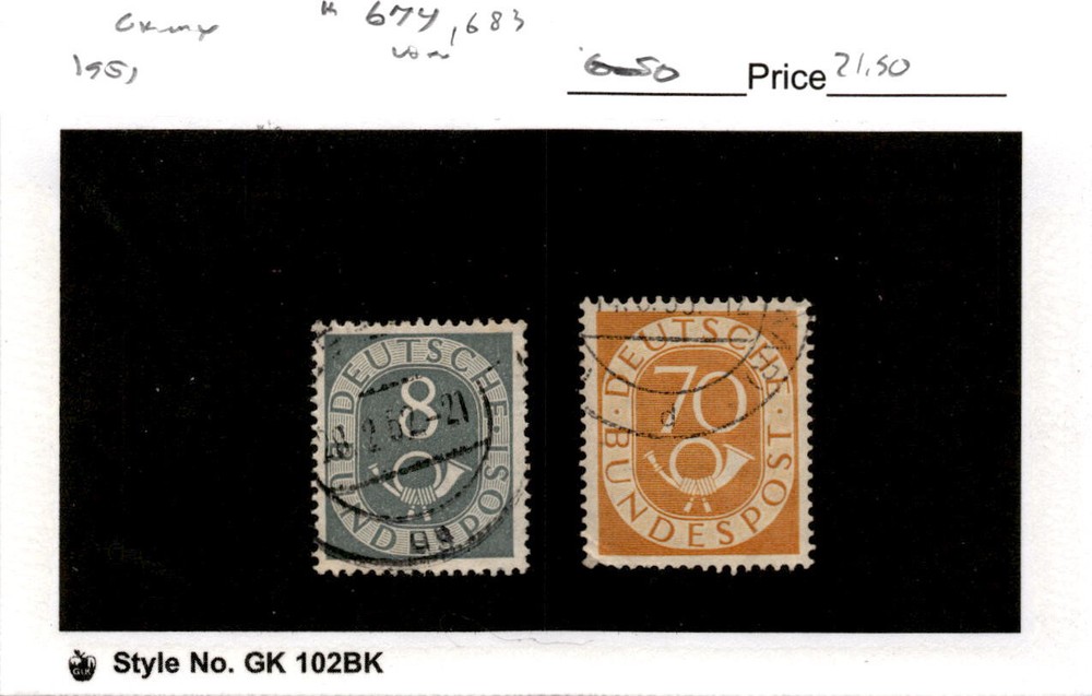 Germany, Postage Stamp, #674, 683 Used, 1951-52 Post Horn (AD)