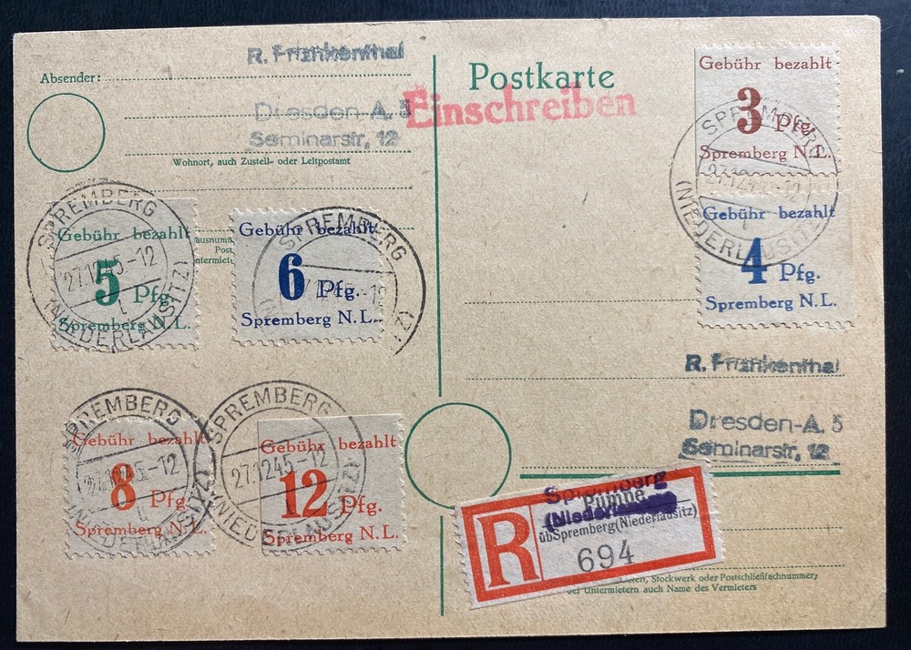 1945 Spremberg Germany Local issue Set Postcard Cover to Dresden