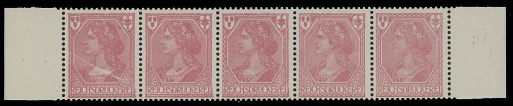1900(c), GERMANIA TEST-ESSAY IN ROSE W/O VALUE, SIDE MARGIN STRIP OF 5, MNH