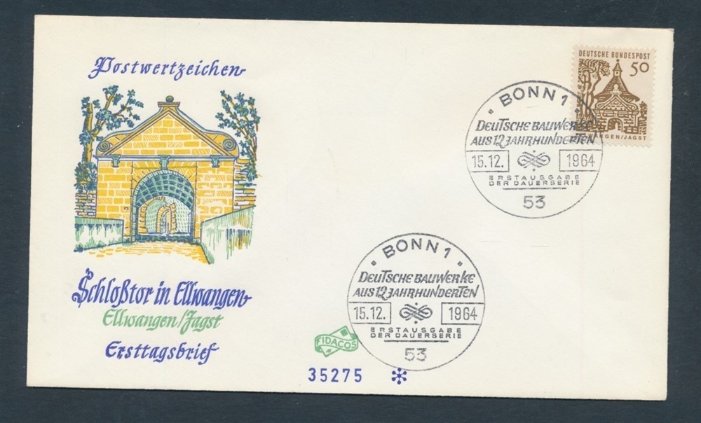 D489334 Germany FDC Ellwangen Castle Gate Deutsche Bauwerke 1964 FIDACOS