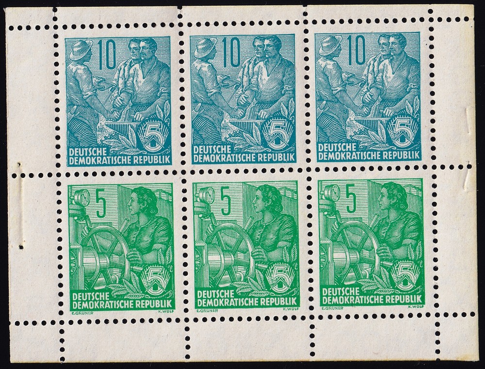 East Germany DDR Sc #188a – 5pf & 10pf emerald & blue – Booklet pane