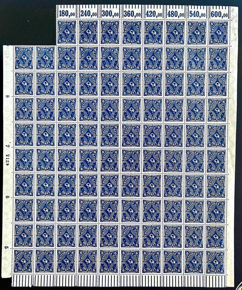 Germany 189 / 1922-1923 6m Post Horn stamps / Full Sheet / MNH / Imperfections