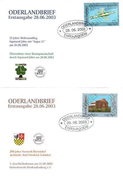 Oderlandbrief: MiNr. 1 B – 2 B, „Space Flight / Bärwinkel“, FDC, ESSt.