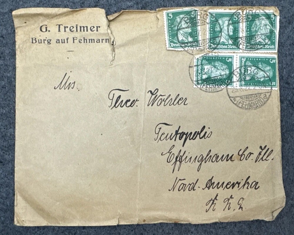 Vtg Stamp Cover Fehmarn Germany Deutsches Reich Friedrich Schiller 5Pfg Green