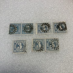 7 USED Antique Authentic Bavaria Bayern Stamps Blue 3 Kreuzer Numeral; 1850-1862