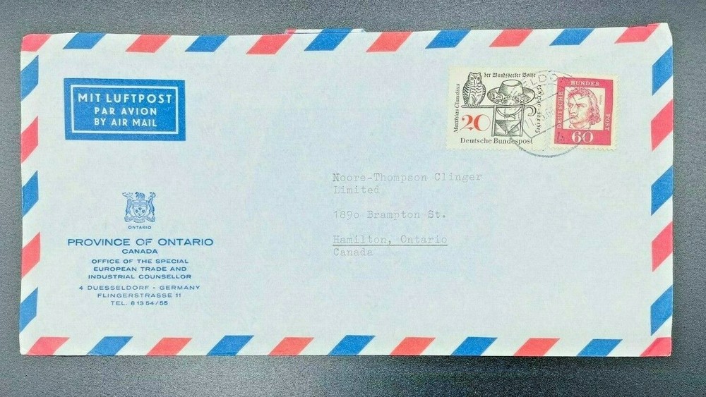 Air Mail Envelope w German Postal Stamps and Cinderella Stamps on Back – 1965