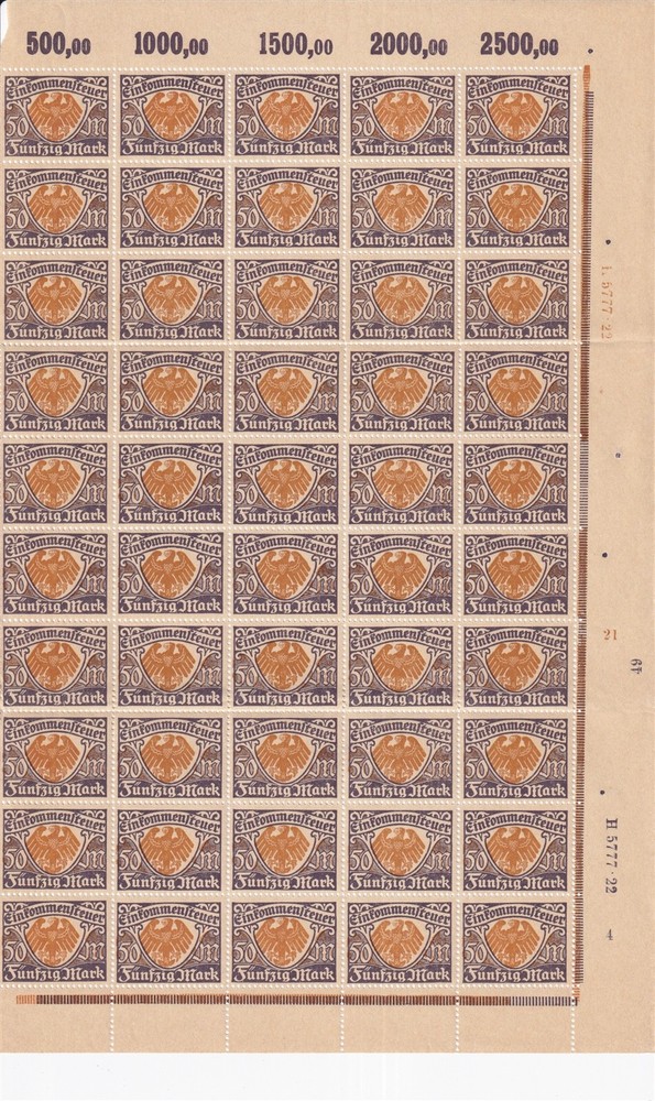 Stamp Germany Reich Revenue Sheet Tax 50 MNH Faults