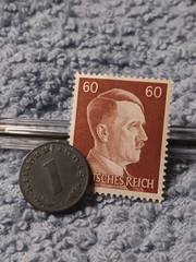 1941 German penny ~ 1 Pfenning ~ km#97 , WW2 Germany ~ + 60 pf. Stamp