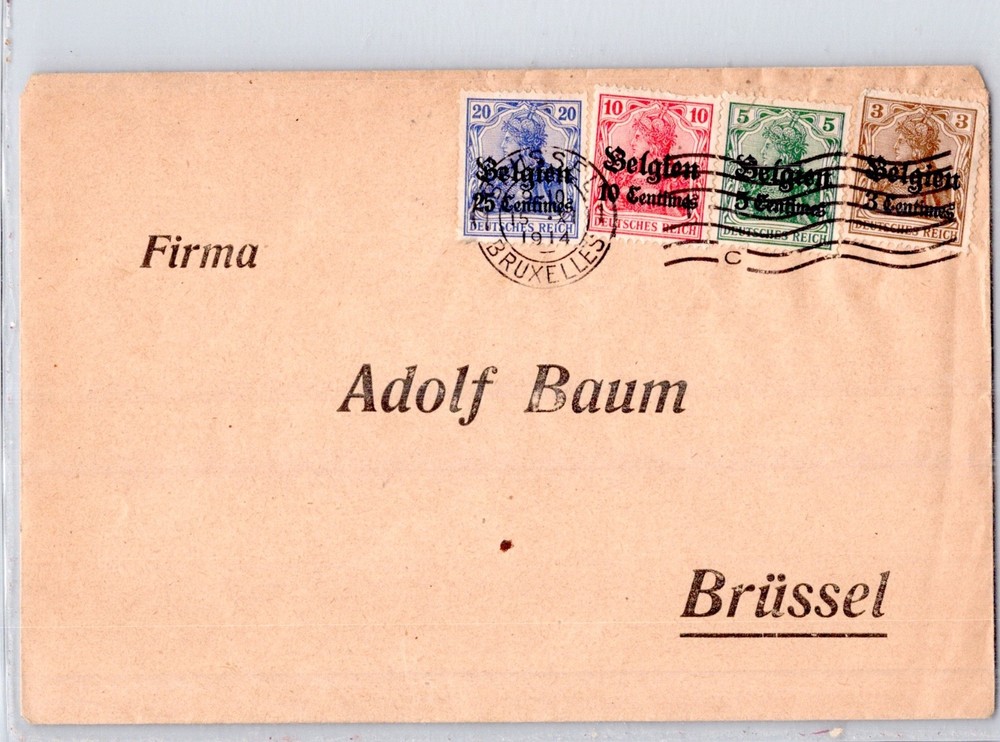 GERMANY 1914 BELGIUM OCCUP COVER MULT FRANKING OVERPRINT ADDR & POSTMARK BRUSSEL