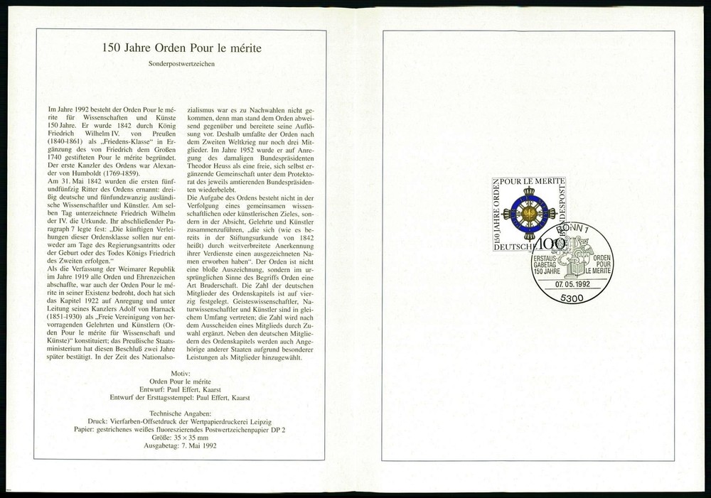 GERMANY FOLDER 1992/20 ORDEN MEDAL POUR LE MERITE