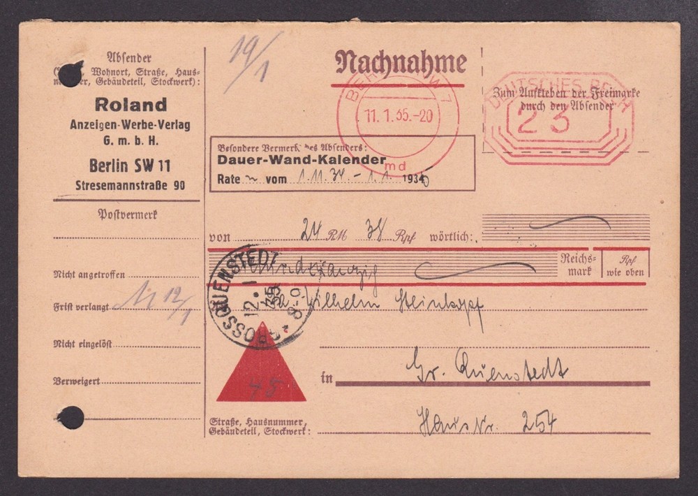 GERMANY 1935, Money order from Berlin with meter mark