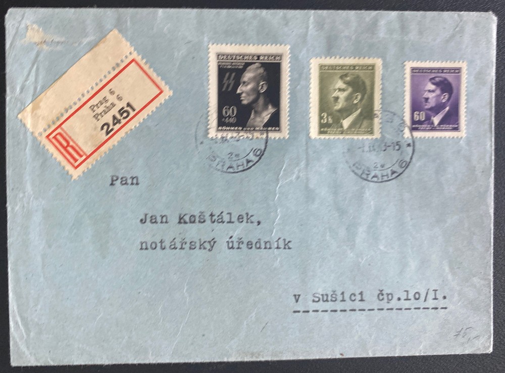 1943 Prague Bohemia Moravia Germany Registered Cover To Susici
