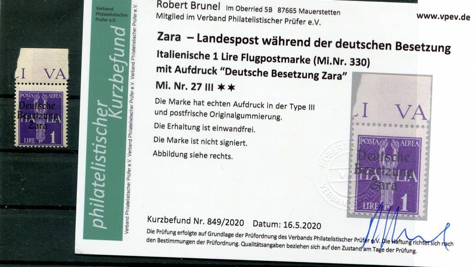 Zara 27III Good Type ** MNH Post Fresh + Certified Report 240EUR (77663