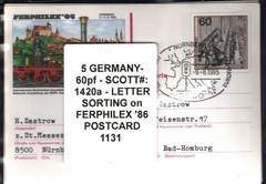 5 GERMANY- 60pf – SCOTT#: 1420a – LETTER SORTING on FERPHILEX ’86 POSTCARD 1131