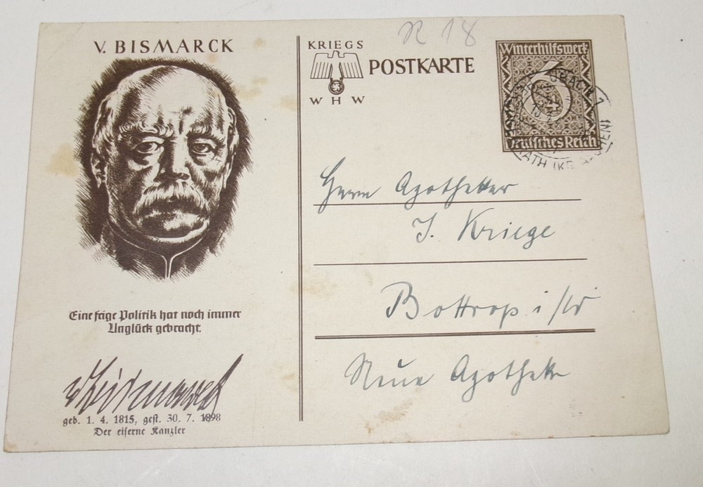 Sent Postcard Otto v. Bismarck, 16 April 1940