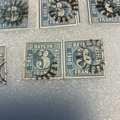7 USED Antique Authentic Bavaria Bayern Stamps Blue 3 Kreuzer Numeral; 1850-1862