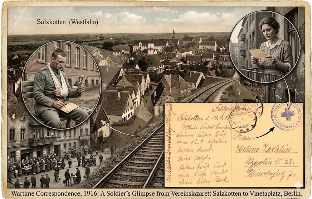 WWI Feldpost Postcard 1916 Salzkotten Red Cross Hospital Lazarett to Berlin N28