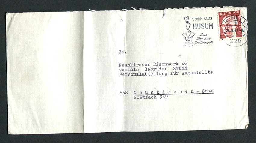 Germany – BRD : Long company cover from 1972 – Husum 1 – slogan cancel – used