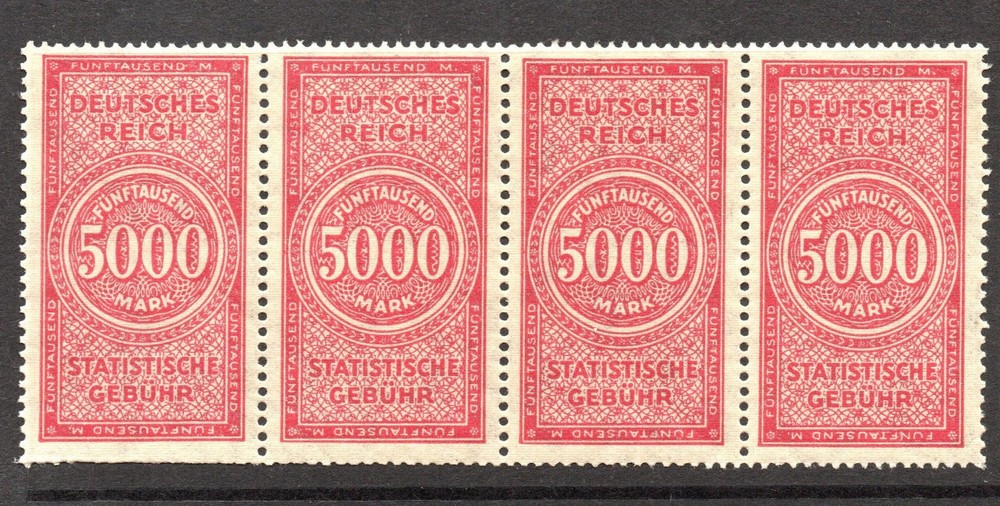 Germany 1920s 5,000m Revenue Strip of 4 MNH / Light Gum Crease – S61871