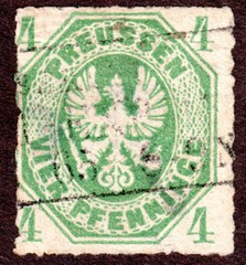 Prussia 15 4Pf Yellow Green, Rouletted Coat of Arms Embossed Used