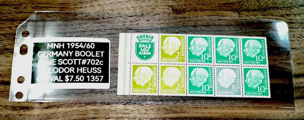MNH 1954/60 GERMANY BOOKLET PANE SCOTT#702c THEODOR HEUSS CATVAL $7.50 1357