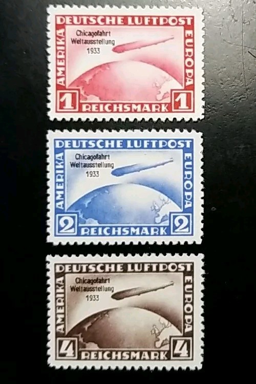 Germany Stamps #C43-C45 1933 Chicago Flight Zeppelin Replica Set