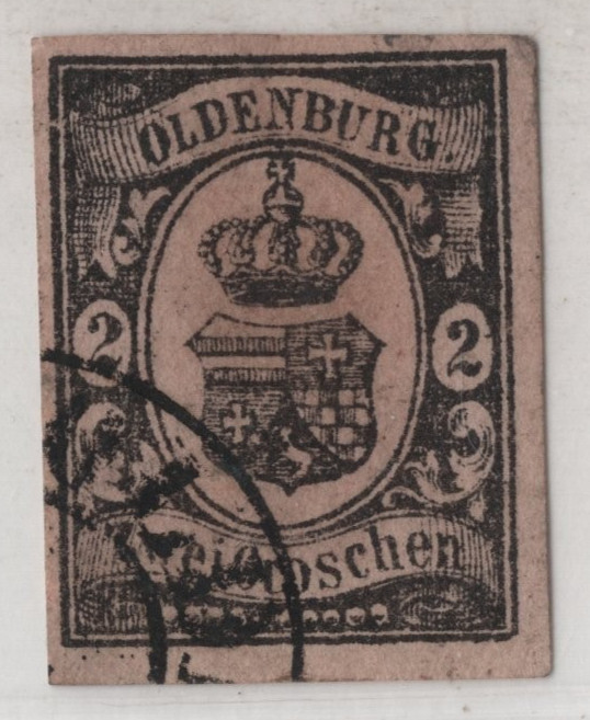 GERMANY OLDENBURG 1859 SCOTT #7 USED IMPERF CLEAR 4 MARGINS NEATLY CANCELLED VF