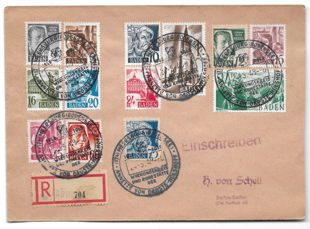 GERMANY France Zone-BADEN M#1-13 COVER CD 1848-1948 Annette von Droste-Hülshoff